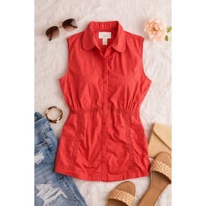 Ann Taylor LOFT Coral Red Sleeveless‎ Lace Trim Empire Waist Button Down Top 14